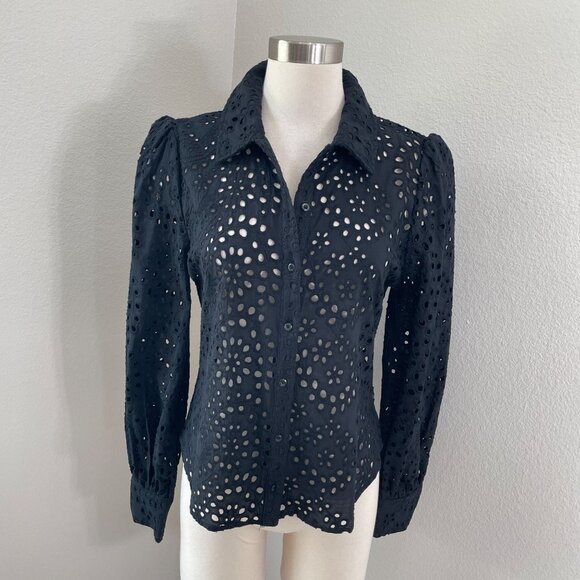 Joie Womens Medium Black Eyelet Button Up Shirt Long Puff Sleeve Blouse Top - Picture 1 of 10